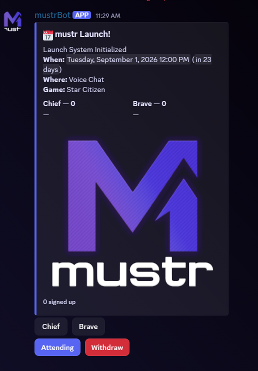 The same event posted to Discord by mustrBot with RSVP buttons