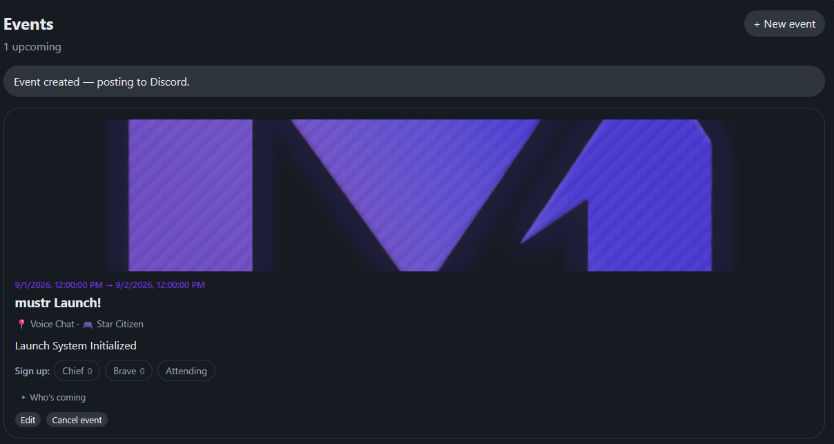 An event on the mustr site with sign-up roles
