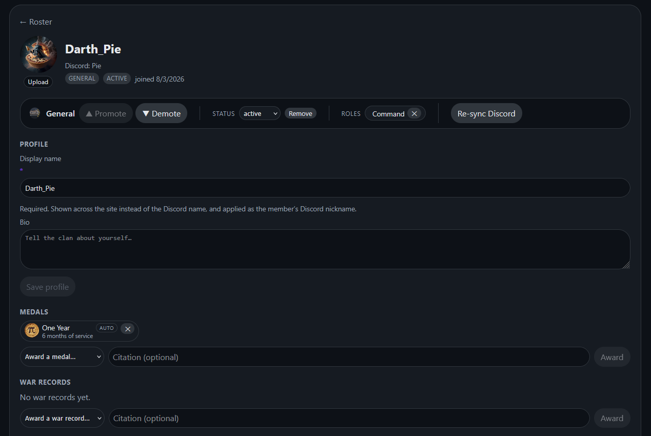 A member profile with medals and service record