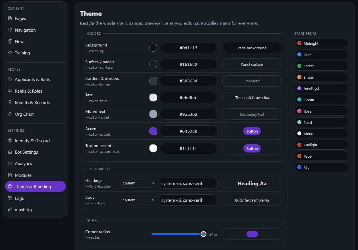 The theme editor with colour controls and preset palettes